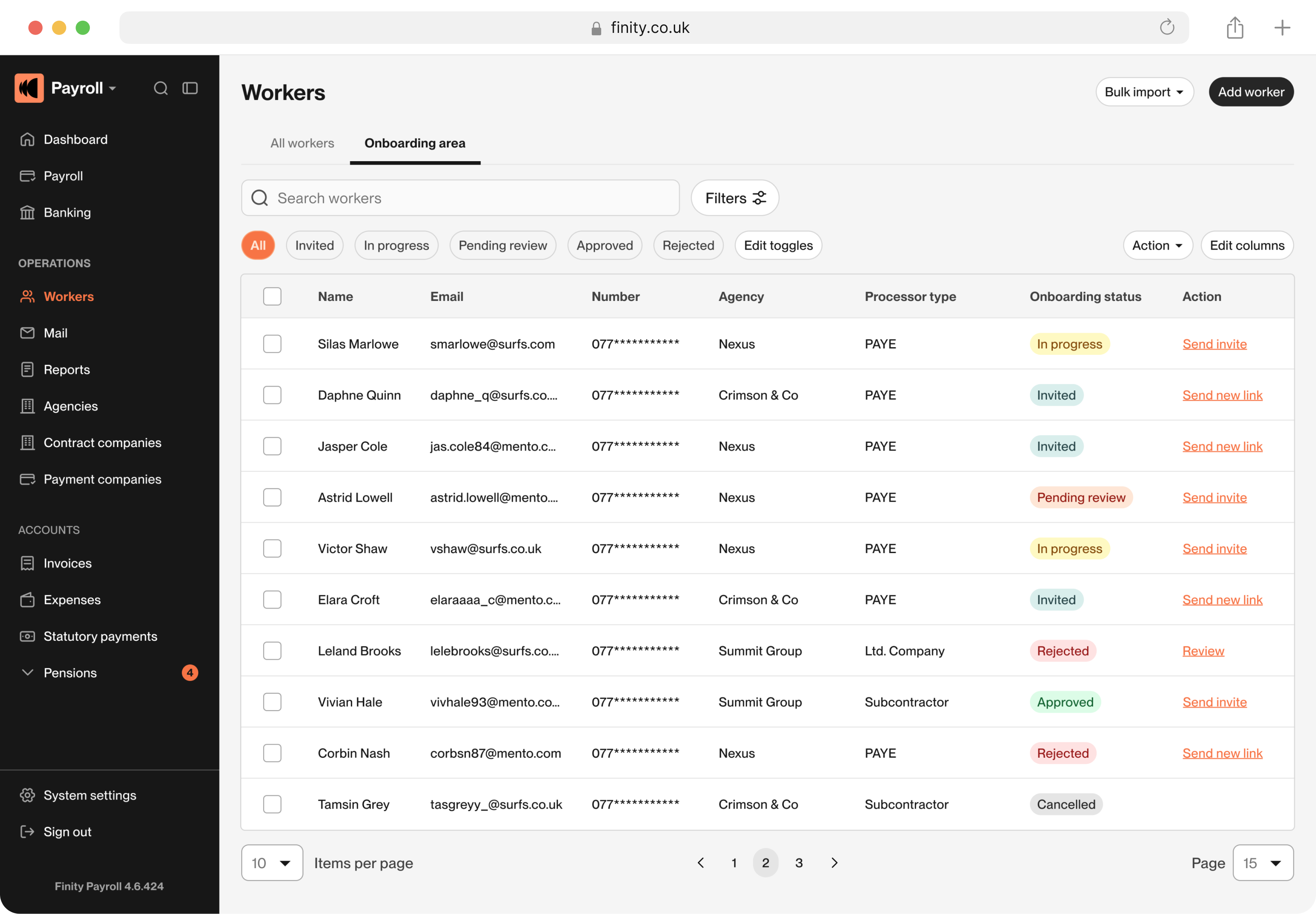 Worker list inside the Finity admin portal