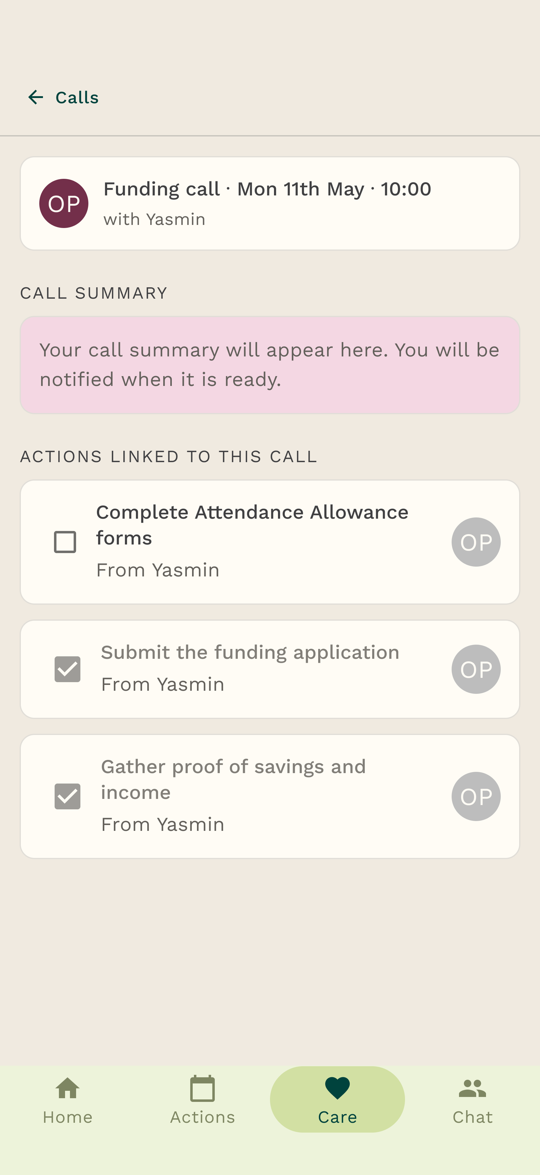 A call summary with notes and linked actions