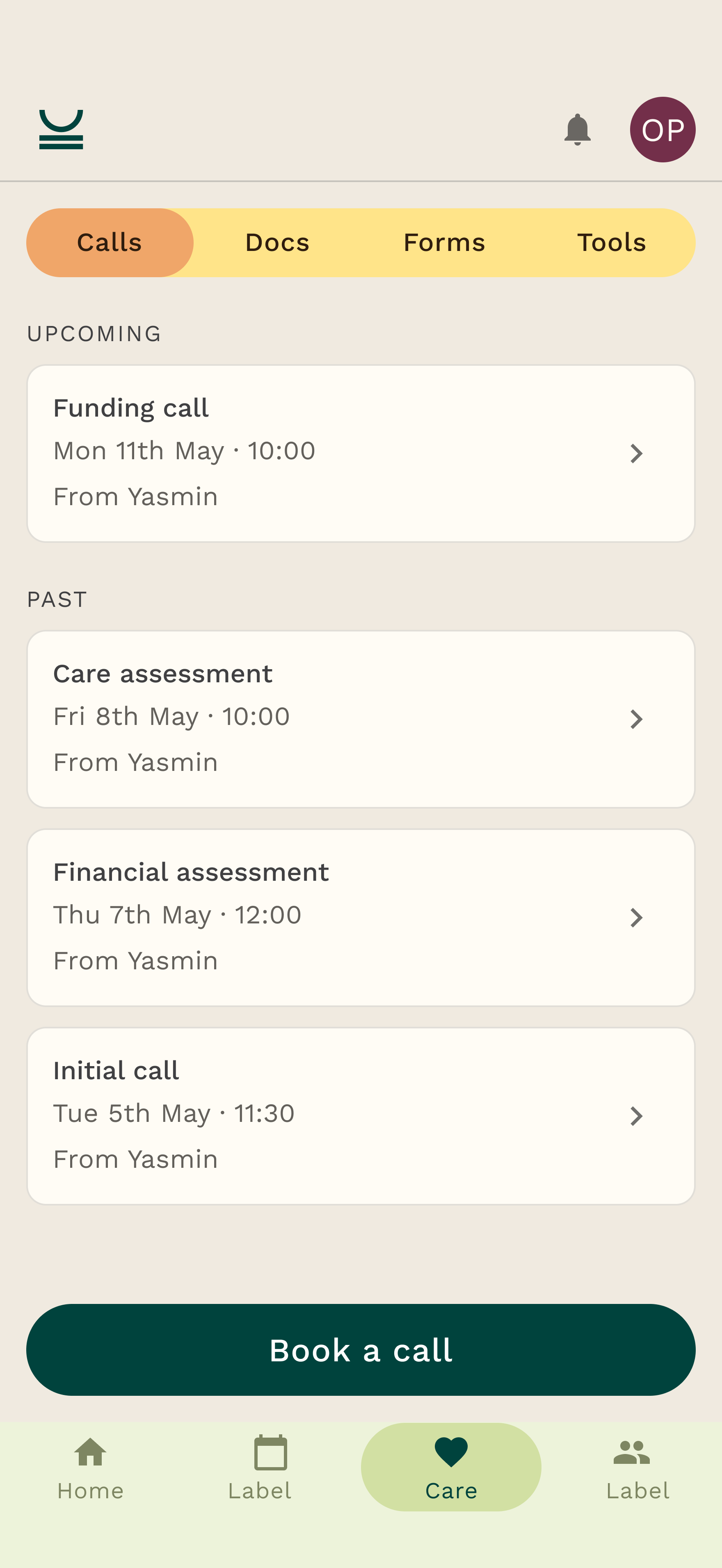 Calls inside the Care Hub