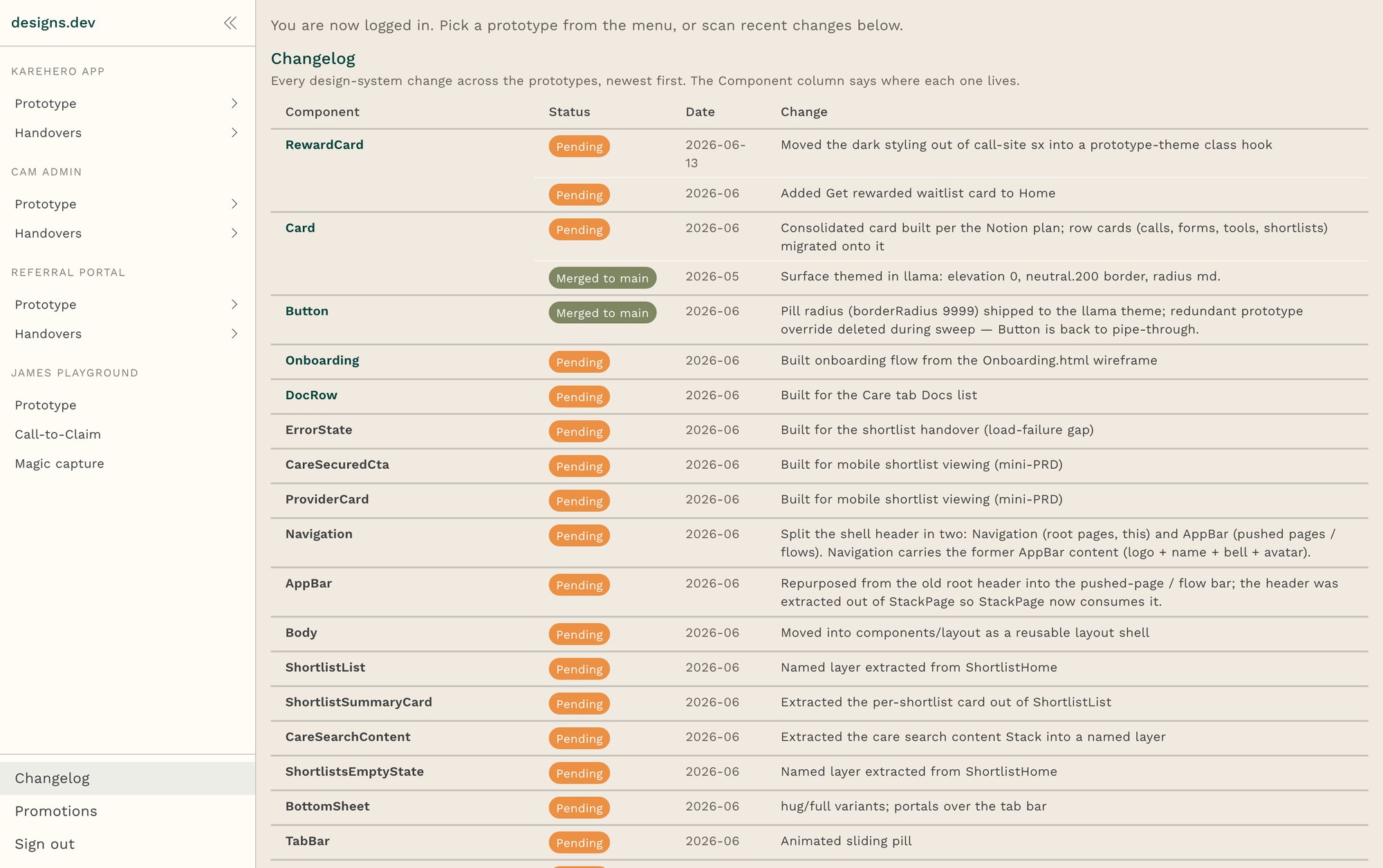 The changelog: every design-system change across the prototypes, each with a status of pending or merged to main