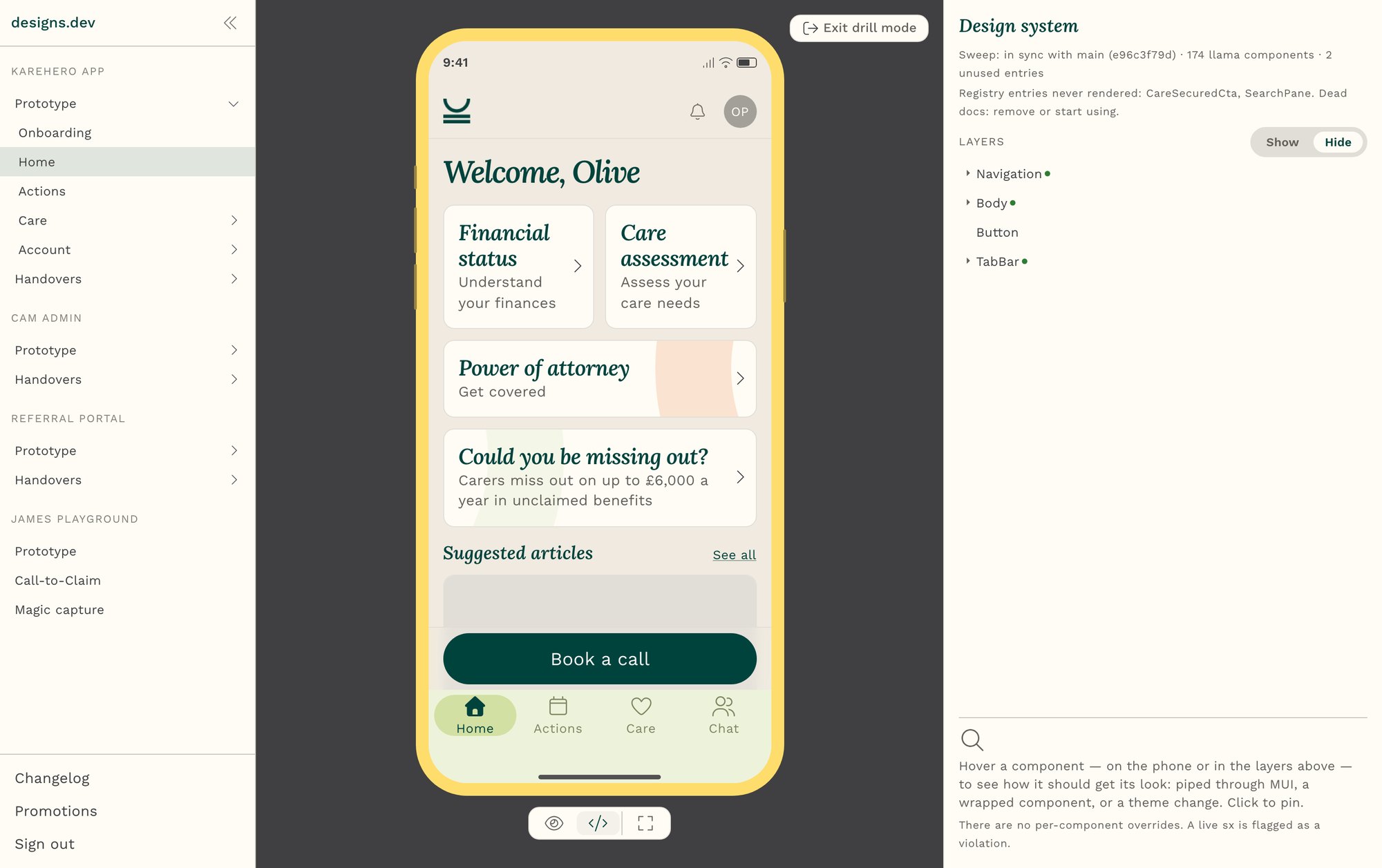 Inspect mode with the layers tree on the left and the design-system panel header showing the sweep status: in sync with main, 174 llama components