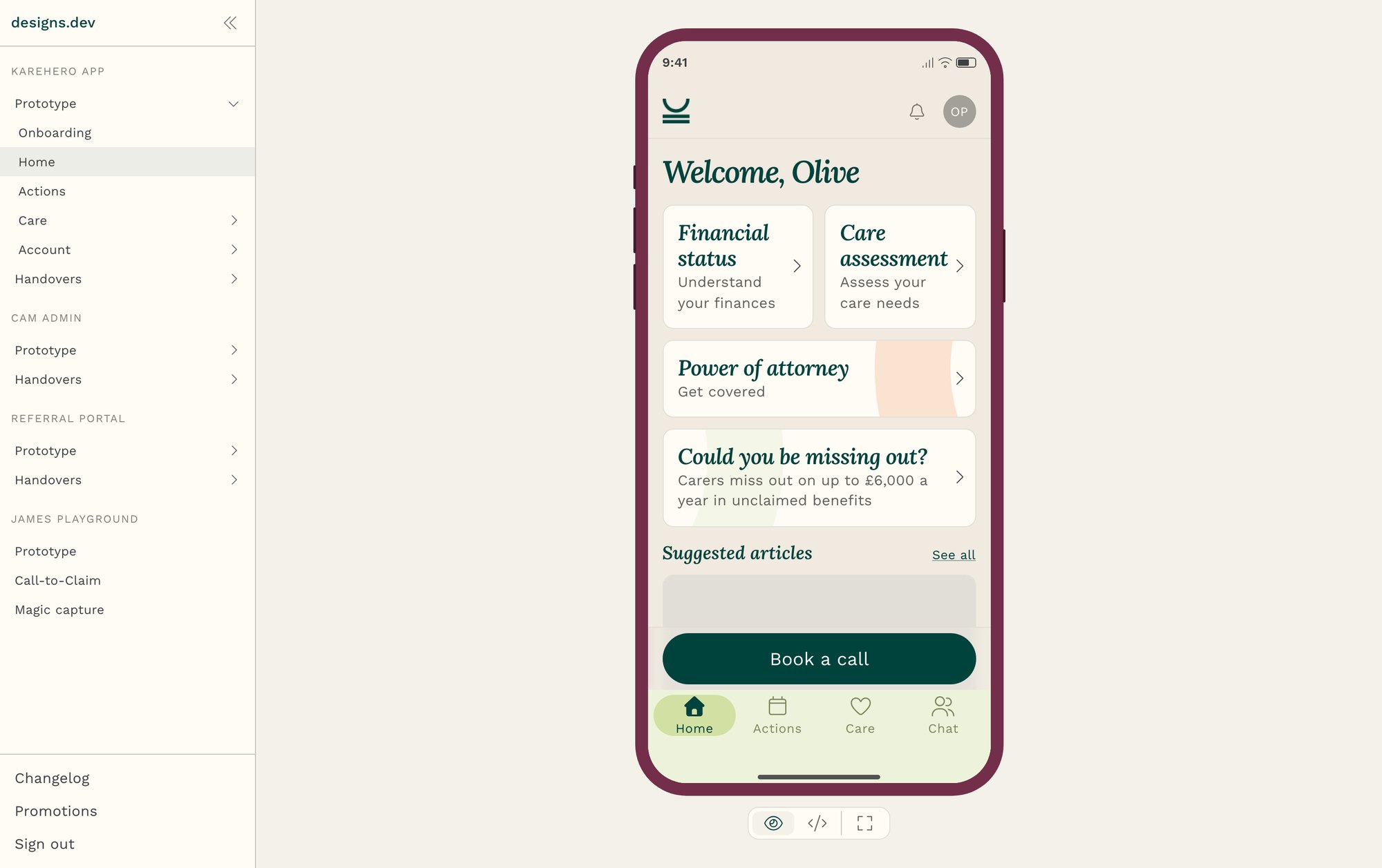Preview mode: the real member-app home rendered in a device frame, built from real components