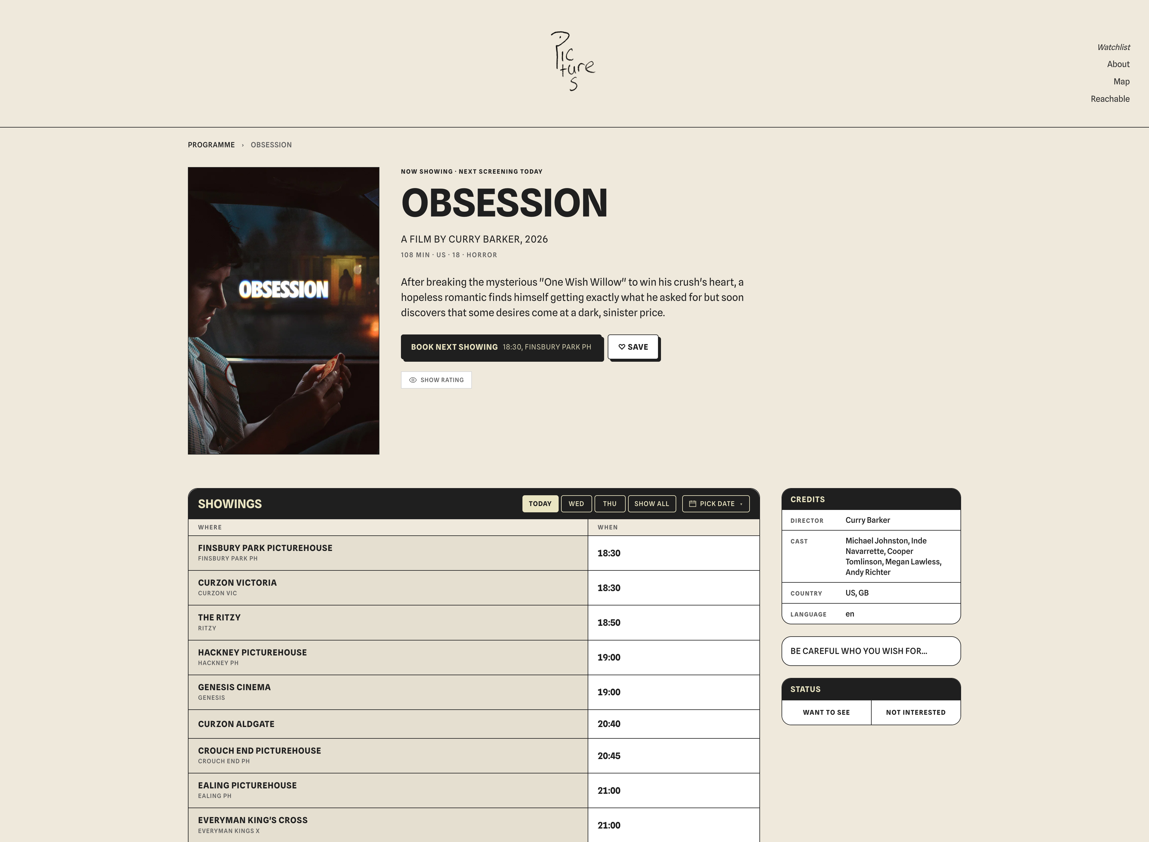 A film page showing the synopsis and every upcoming showing across London
