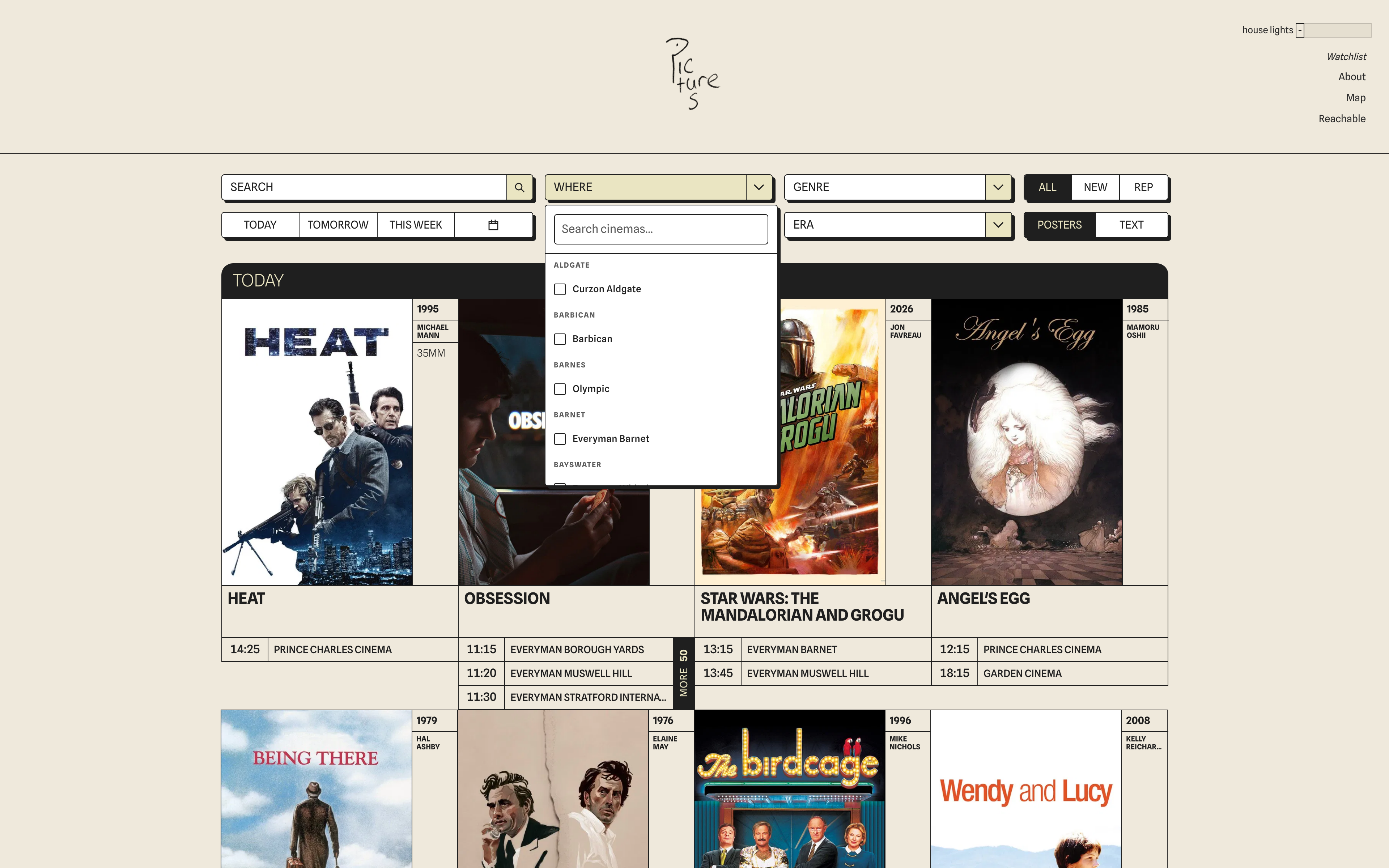 The cinema filter open, listing London venues to narrow the calendar down by location