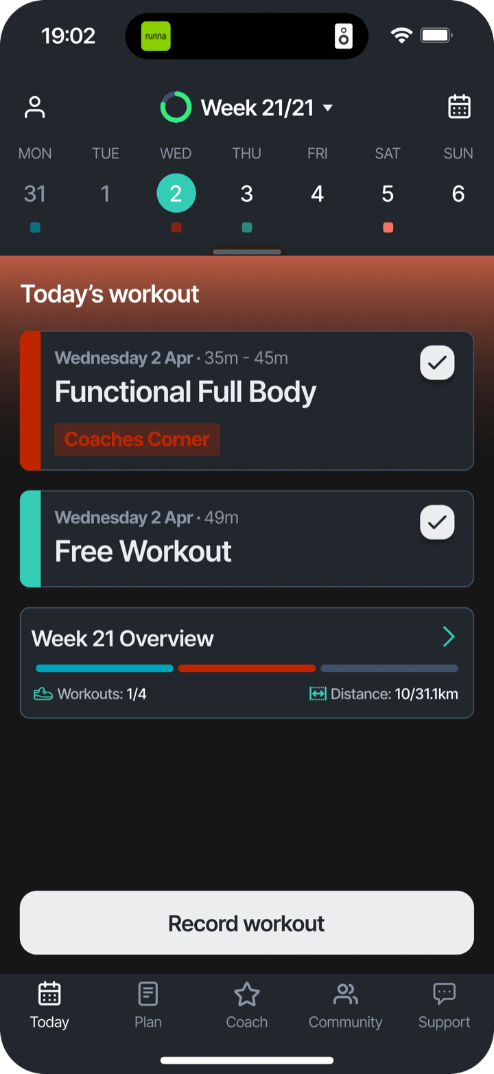 Today, free workout logged