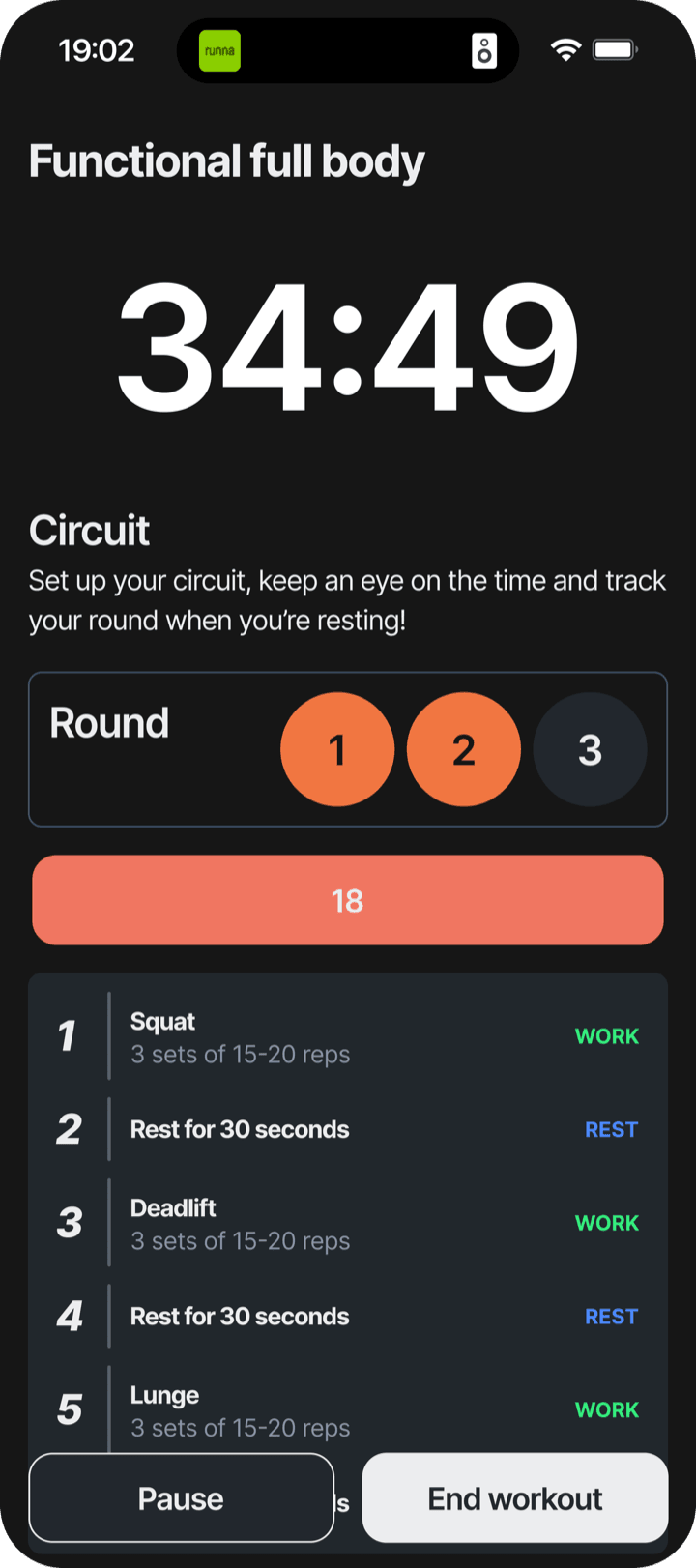 Full workout view with circuit tracking